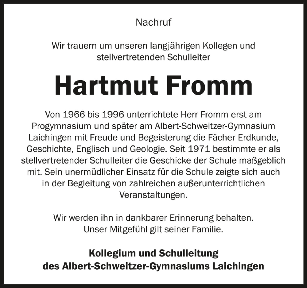  Traueranzeige für Hartmut Fromm vom 11.11.2022 aus Schwäbische Zeitung