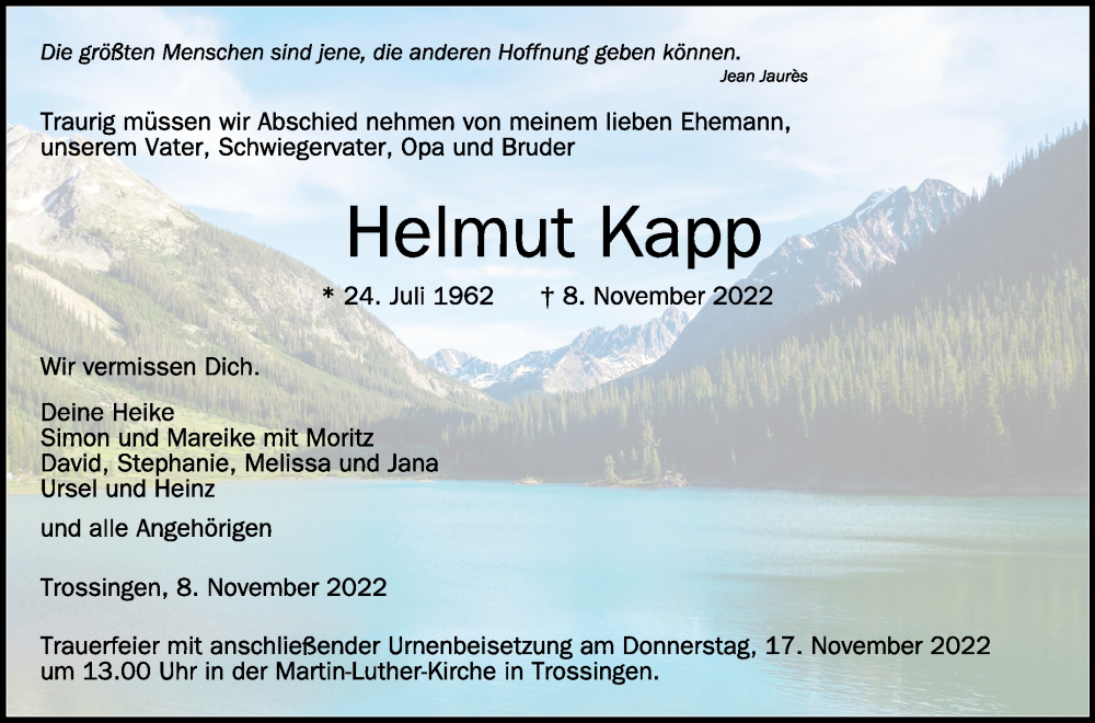  Traueranzeige für Helmut Kapp vom 11.11.2022 aus Schwäbische Zeitung