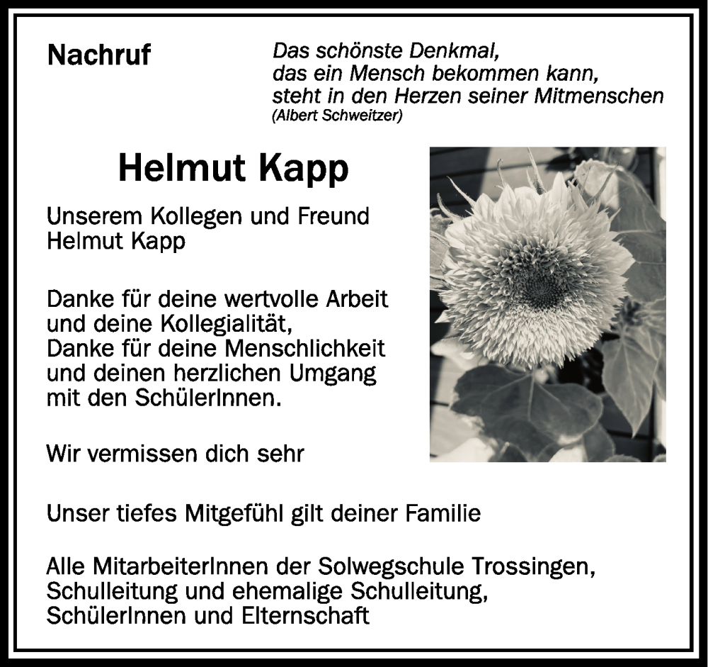  Traueranzeige für Helmut Kapp vom 16.11.2022 aus Schwäbische Zeitung