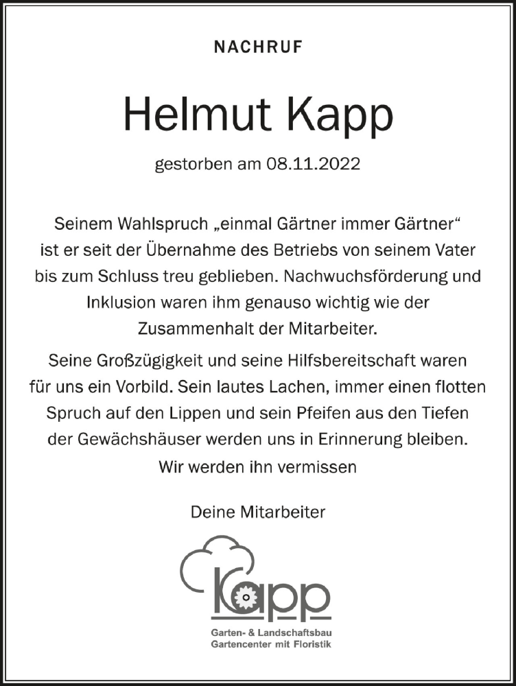  Traueranzeige für Helmut Kapp vom 16.11.2022 aus Schwäbische Zeitung