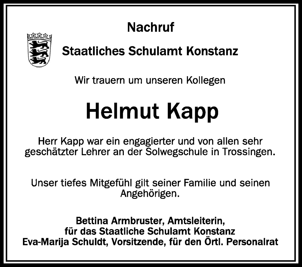  Traueranzeige für Helmut Kapp vom 18.11.2022 aus Schwäbische Zeitung