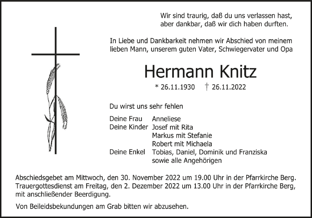  Traueranzeige für Hermann Knitz vom 29.11.2022 aus Schwäbische Zeitung