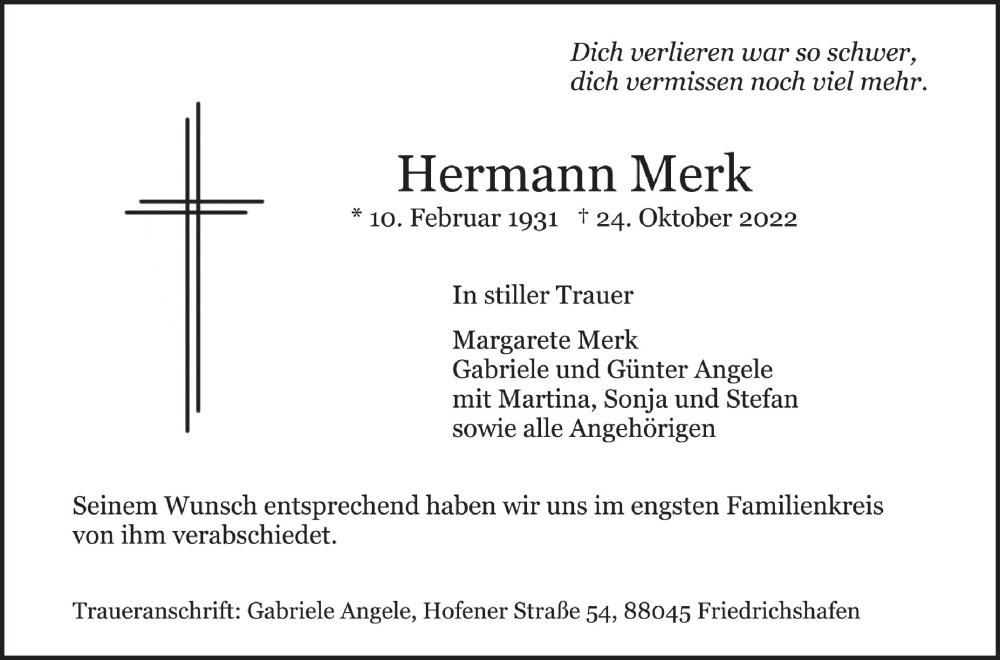  Traueranzeige für Hermann Merk vom 25.11.2022 aus Schwäbische Zeitung