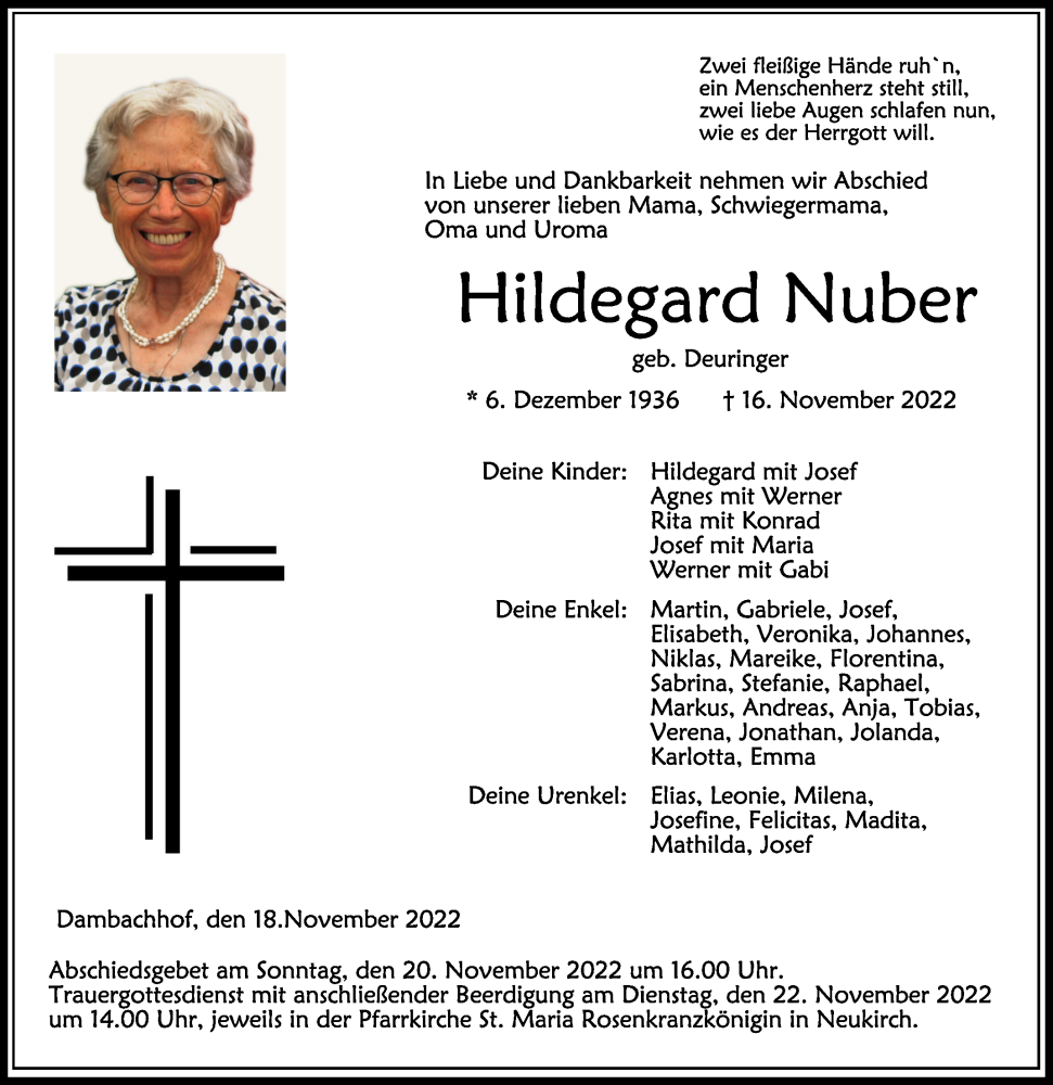  Traueranzeige für Hildegard Nuber vom 18.11.2022 aus Schwäbische Zeitung