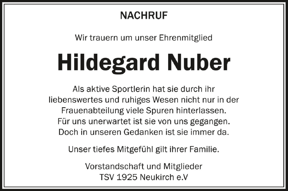  Traueranzeige für Hildegard Nuber vom 26.11.2022 aus Schwäbische Zeitung