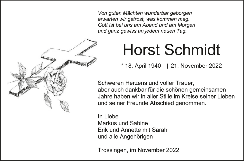  Traueranzeige für Horst Schmidt vom 29.11.2022 aus Schwäbische Zeitung