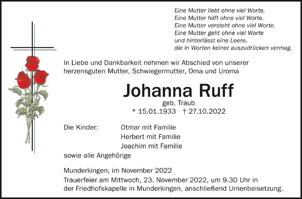  Traueranzeige für Johanna Ruff vom 19.11.2022 aus Schwäbische Zeitung