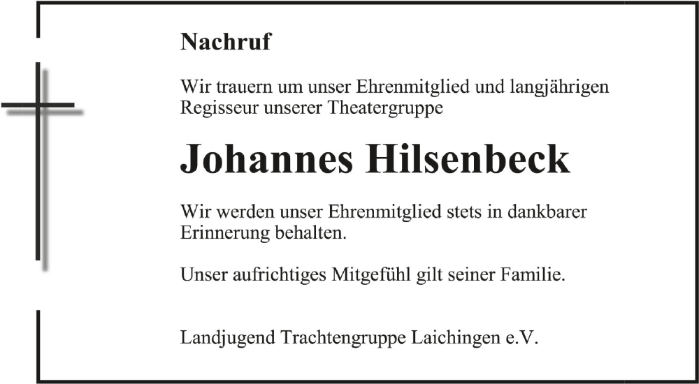  Traueranzeige für Johannes Hilsenbeck vom 19.11.2022 aus Schwäbische Zeitung