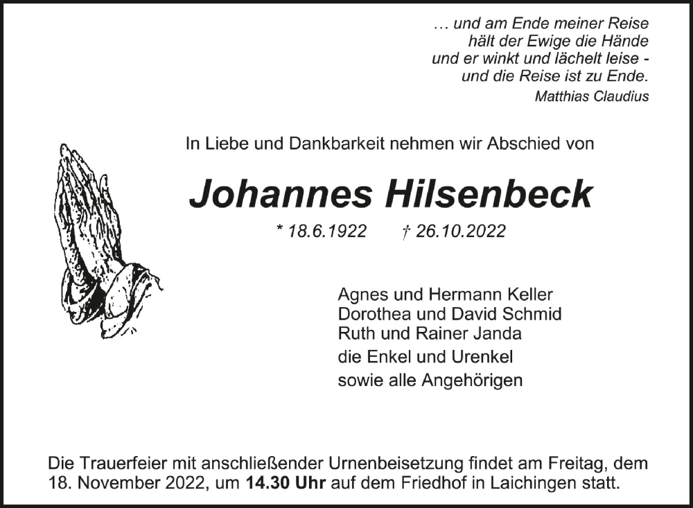  Traueranzeige für Johannes Hilsenbeck vom 16.11.2022 aus Schwäbische Zeitung