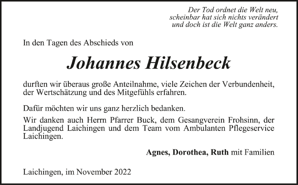  Traueranzeige für Johannes Hilsenbeck vom 30.11.2022 aus Schwäbische Zeitung