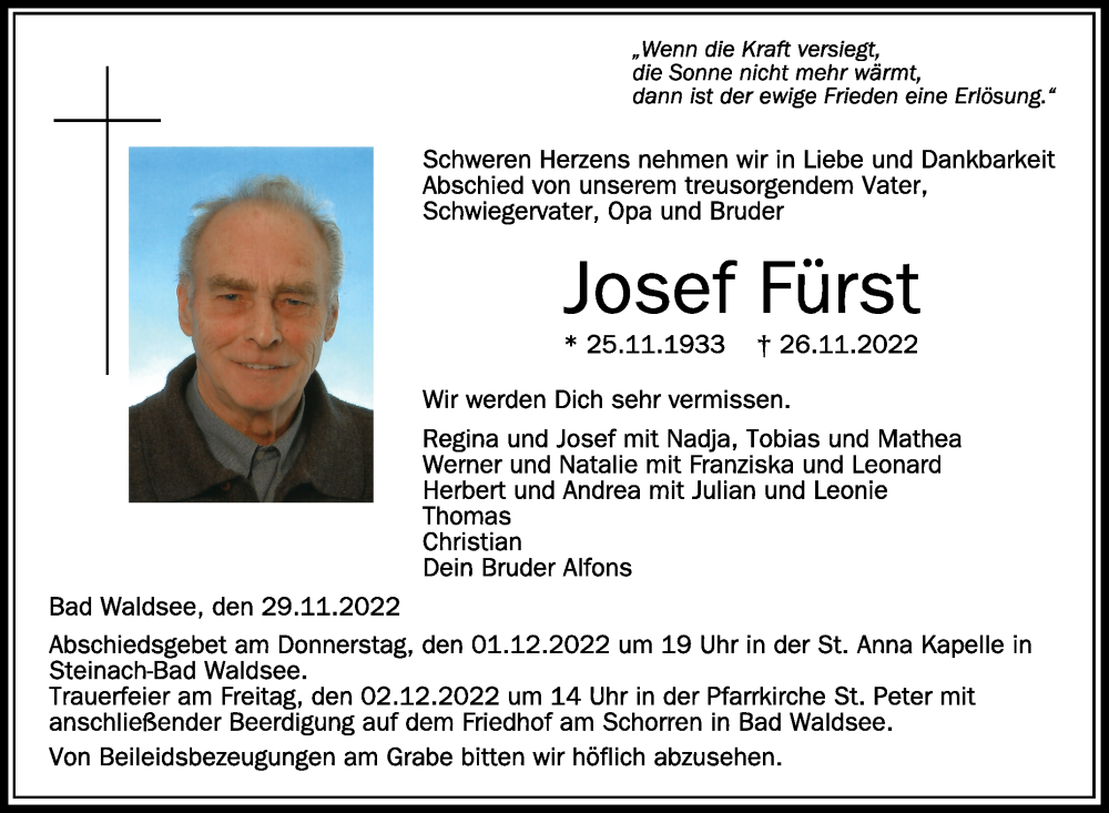  Traueranzeige für Josef Fürst vom 29.11.2022 aus Schwäbische Zeitung