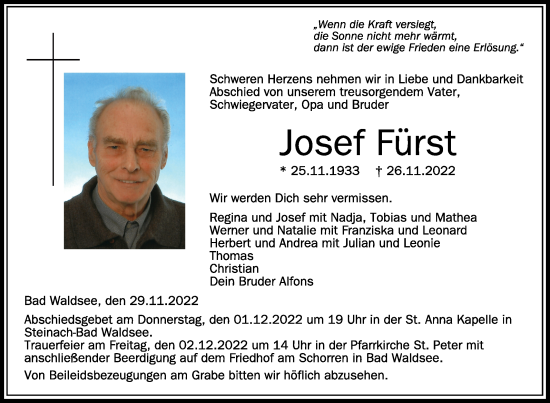 Anzeige von Josef Fürst von Schwäbische Zeitung