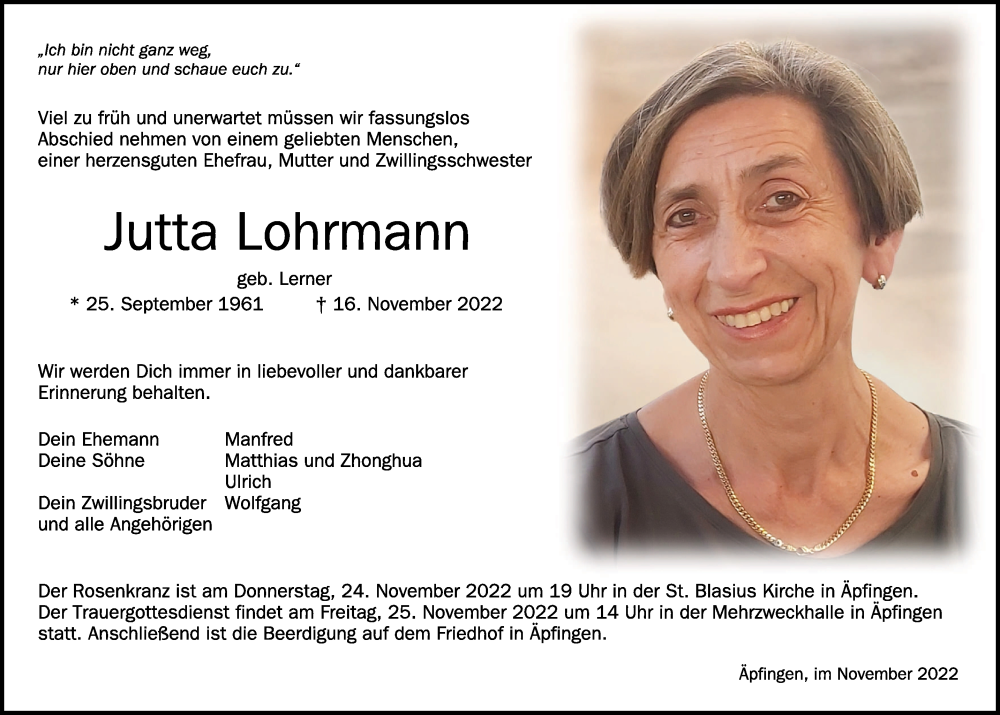  Traueranzeige für Jutta Lohrmann vom 22.11.2022 aus Schwäbische Zeitung