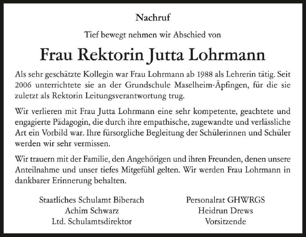  Traueranzeige für Jutta Lohrmann vom 25.11.2022 aus Schwäbische Zeitung