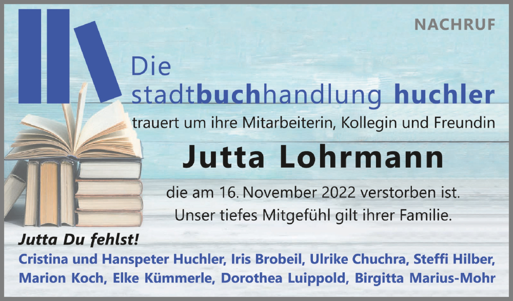  Traueranzeige für Jutta Lohrmann vom 26.11.2022 aus Schwäbische Zeitung