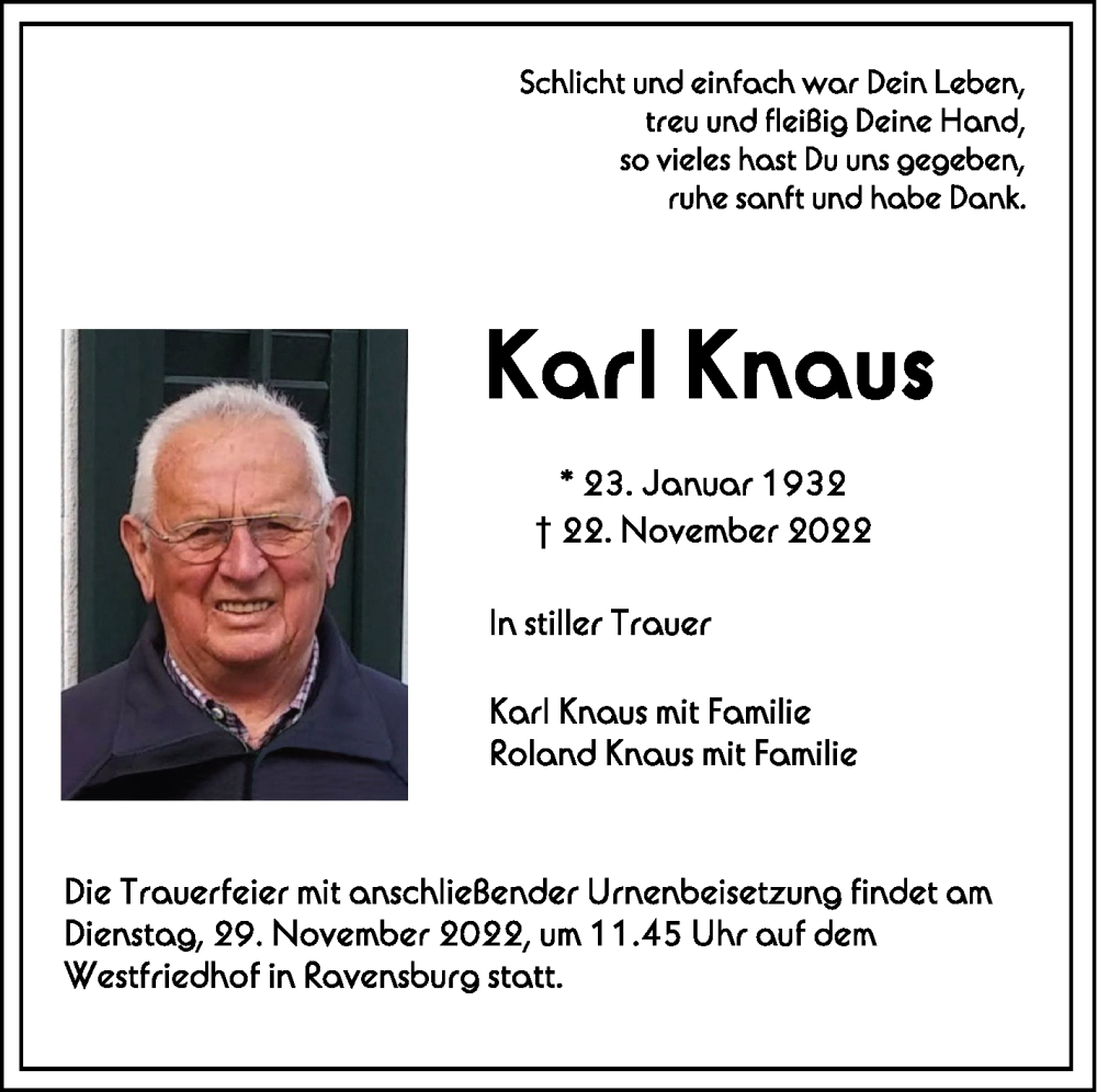  Traueranzeige für Karl Knaus vom 26.11.2022 aus Schwäbische Zeitung