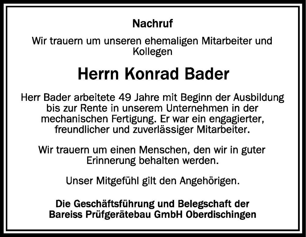  Traueranzeige für Konrad Bader vom 07.11.2022 aus Schwäbische Zeitung