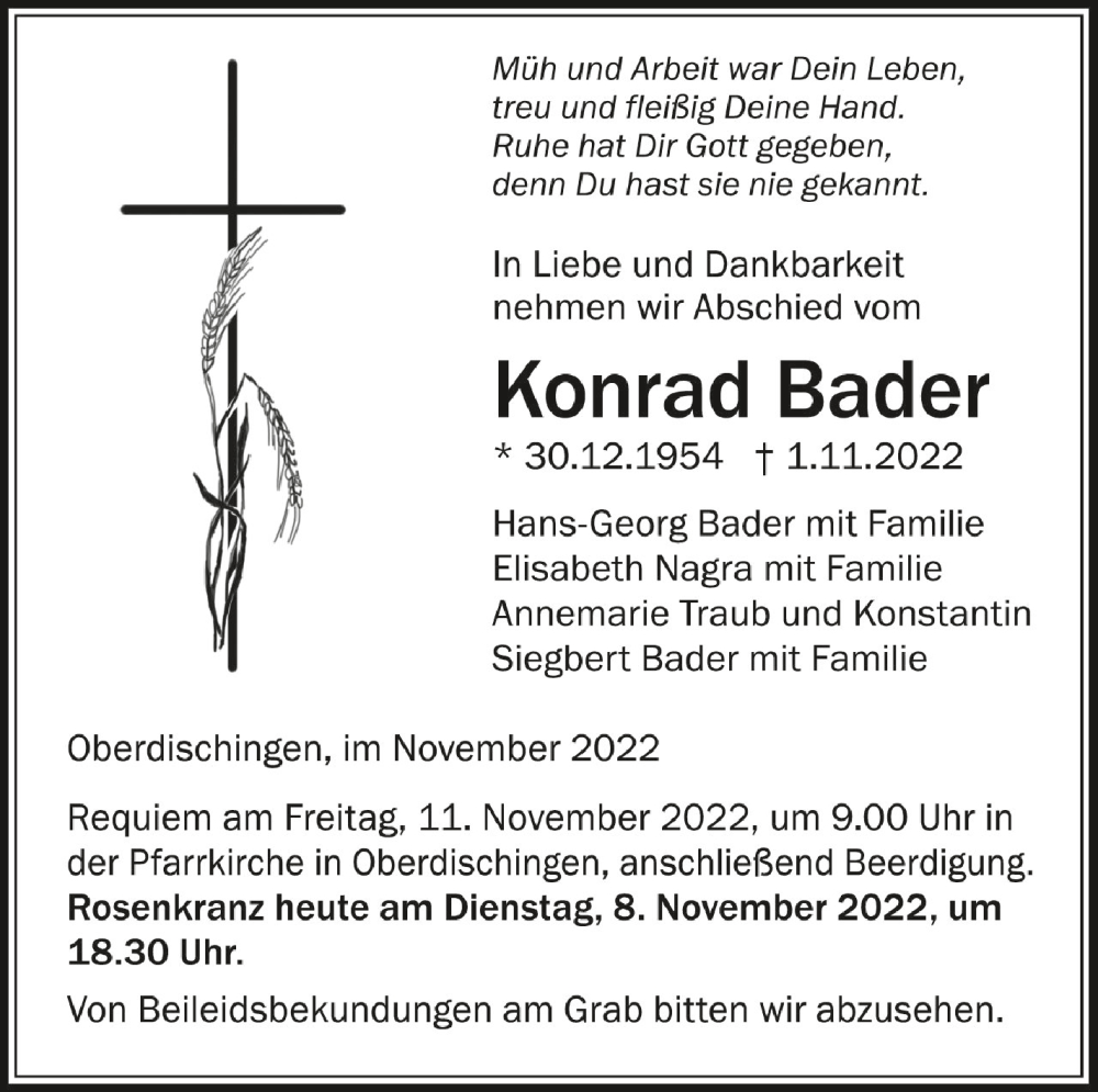  Traueranzeige für Konrad Bader vom 08.11.2022 aus Schwäbische Zeitung