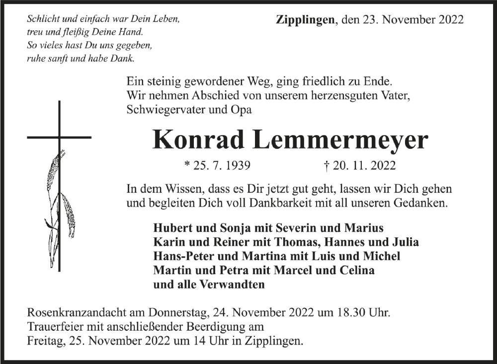  Traueranzeige für Konrad Lemmermeyer vom 23.11.2022 aus Schwäbische Zeitung