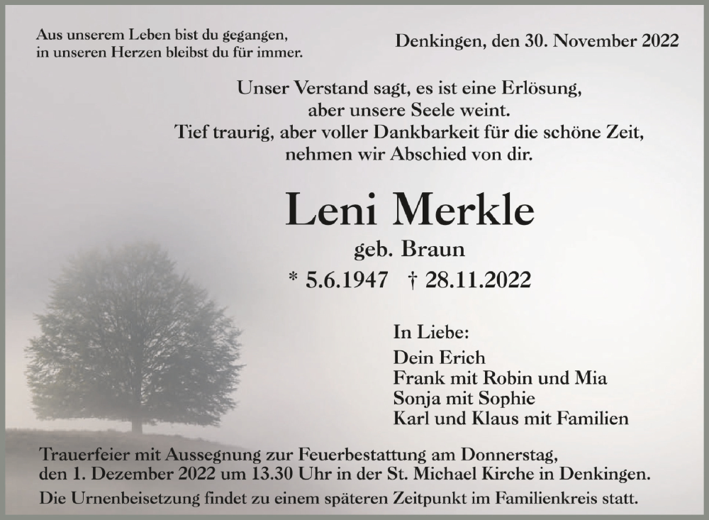  Traueranzeige für Leni Merkle vom 30.11.2022 aus Schwäbische Zeitung