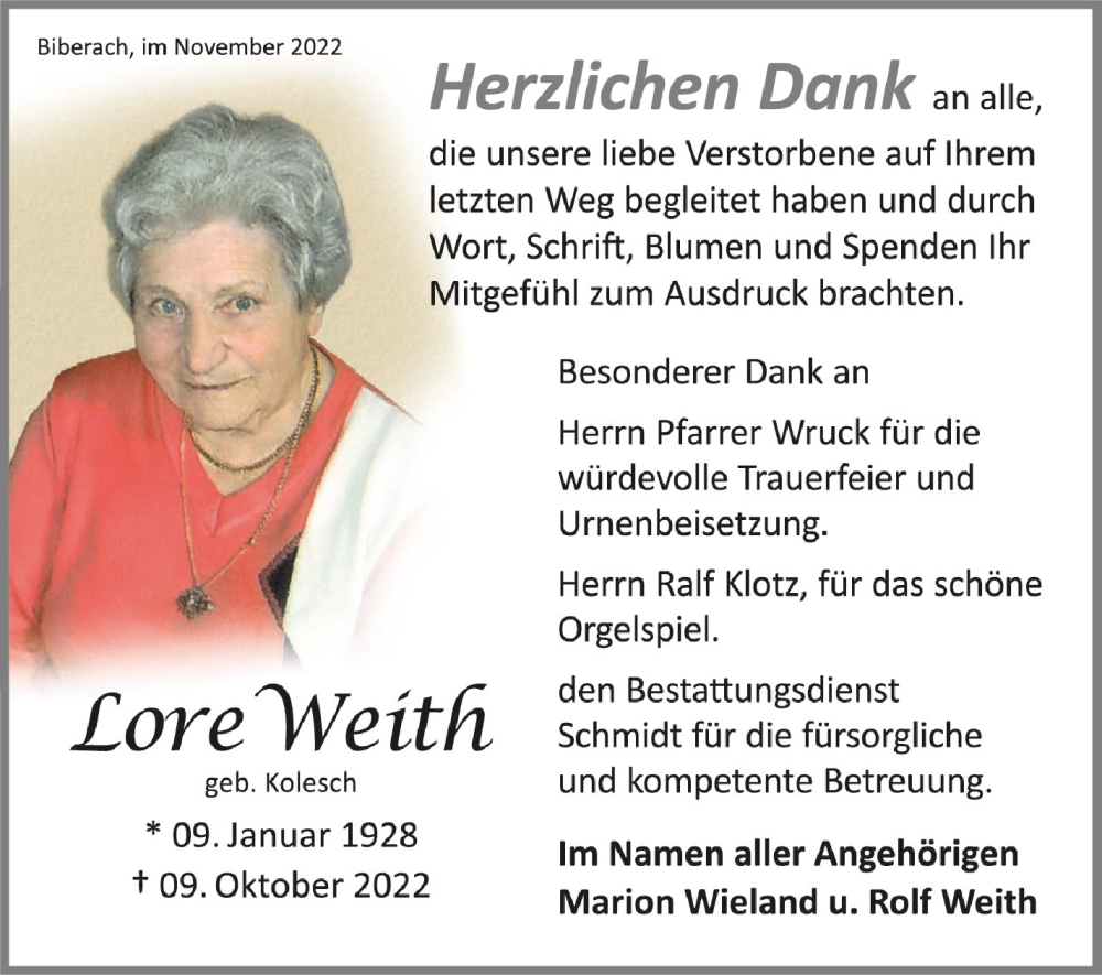  Traueranzeige für Lore Weith vom 12.11.2022 aus Schwäbische Zeitung