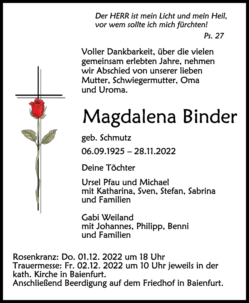  Traueranzeige für Magdalena Binder vom 30.11.2022 aus Schwäbische Zeitung