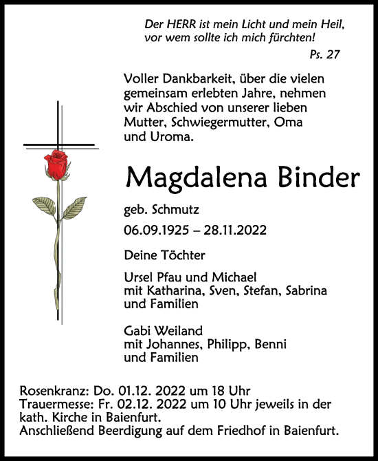 Anzeige von Magdalena Binder von Schwäbische Zeitung