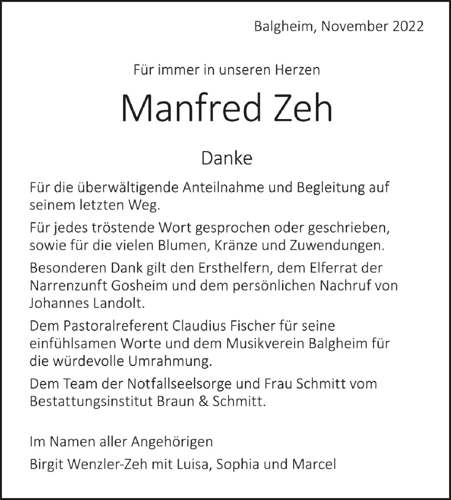  Traueranzeige für Manfred Zeh vom 11.11.2022 aus Schwäbische Zeitung