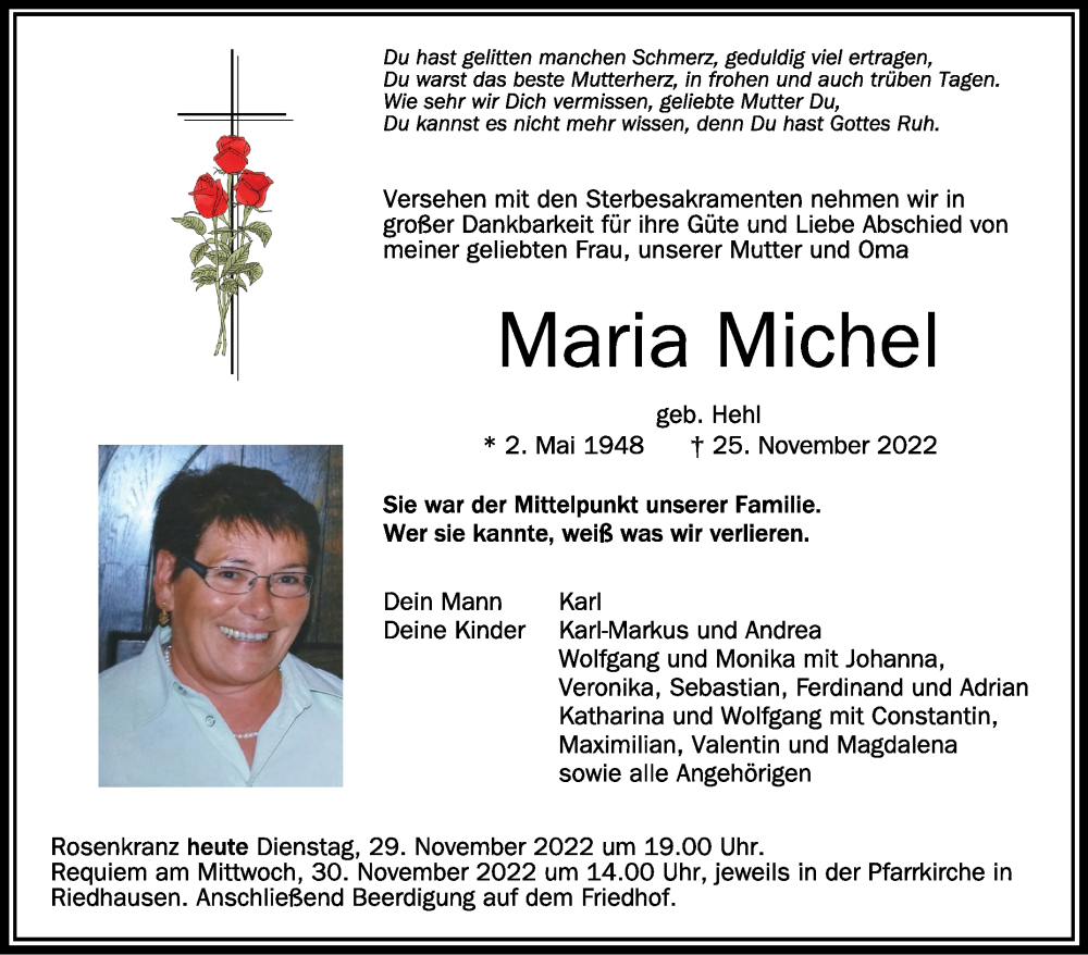  Traueranzeige für Maria Michel vom 29.11.2022 aus Schwäbische Zeitung