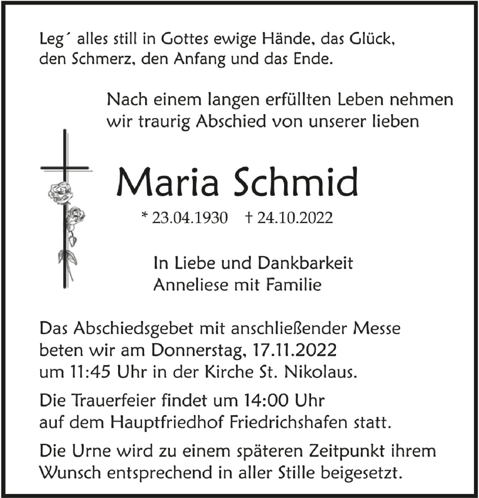  Traueranzeige für Maria Schmid vom 12.11.2022 aus Schwäbische Zeitung