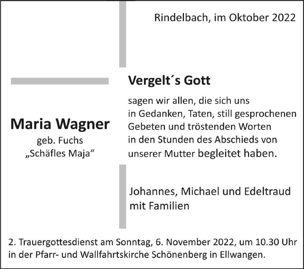  Traueranzeige für Maria Wagner vom 03.11.2022 aus Schwäbische Zeitung