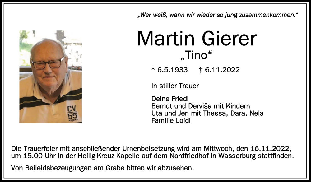  Traueranzeige für Martin Gierer vom 12.11.2022 aus Schwäbische Zeitung