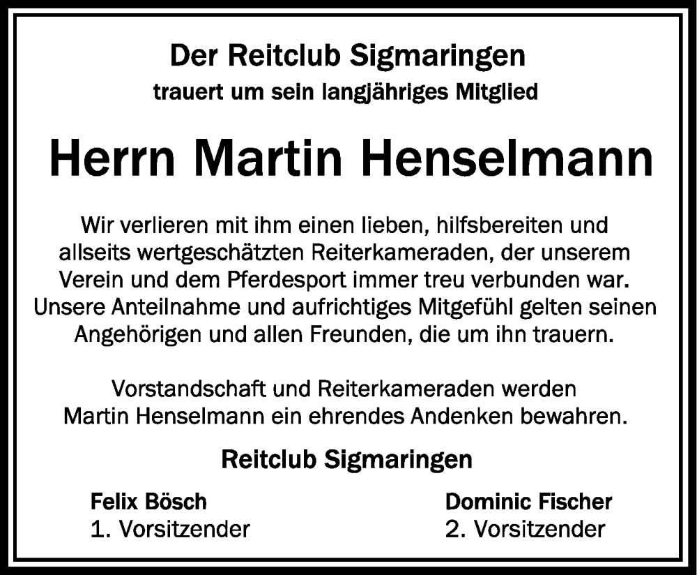 Traueranzeige für Martin Henselmann vom 15.11.2022 aus Schwäbische Zeitung