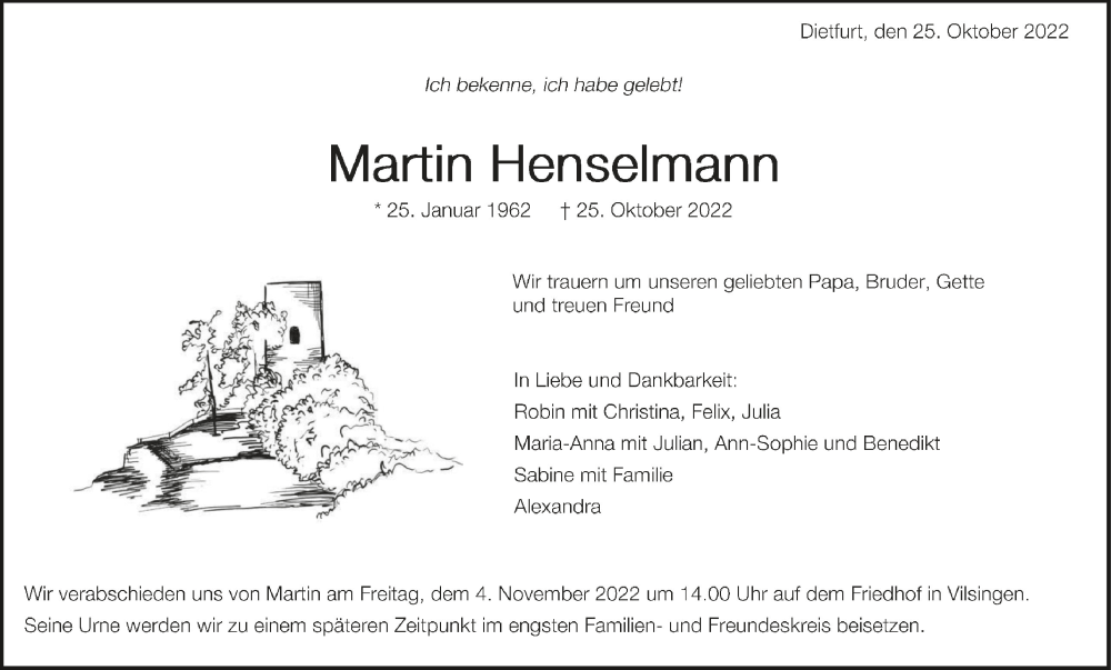  Traueranzeige für Martin Henselmann vom 02.11.2022 aus Schwäbische Zeitung