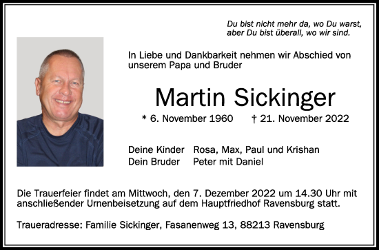 Anzeige von Martin Sickinger von Schwäbische Zeitung