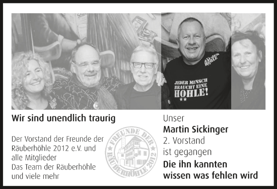 Anzeige von Martin Sickinger von Schwäbische Zeitung