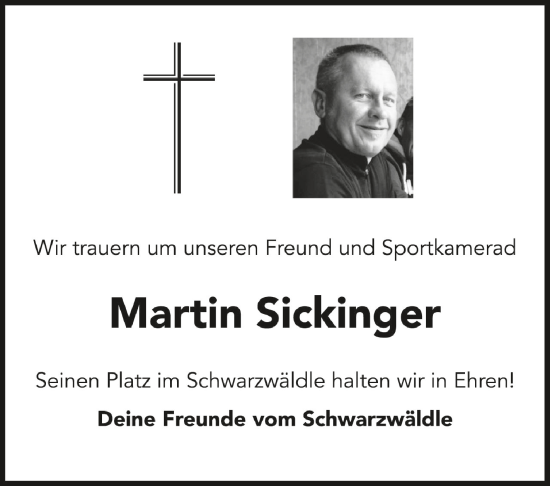 Anzeige von Martin Sickinger von Schwäbische Zeitung