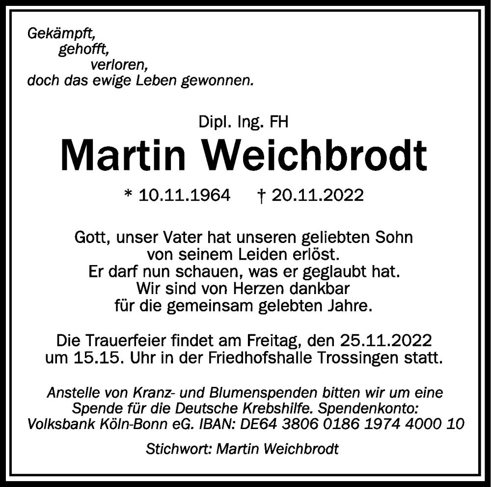  Traueranzeige für Martin Weichbrodt vom 23.11.2022 aus Schwäbische Zeitung