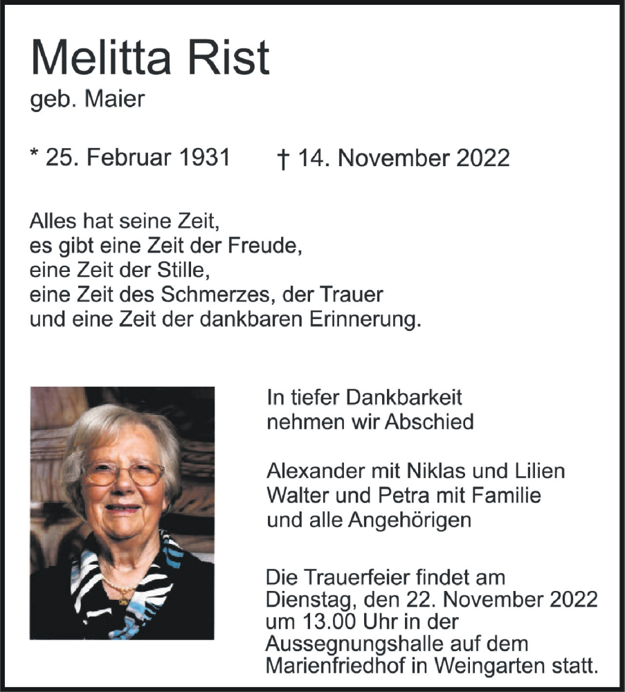 Traueranzeigen Von Melitta Rist Schwaebische De Trauerportal