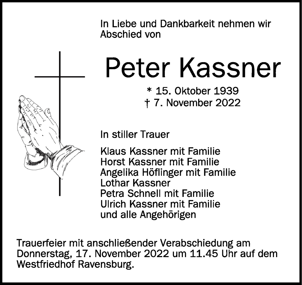 Traueranzeige für Peter Kassner vom 14.11.2022 aus Schwäbische Zeitung