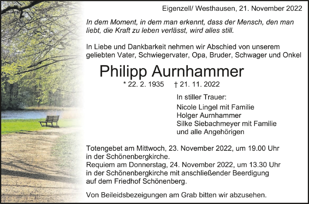  Traueranzeige für Philipp Aurnhammer vom 22.11.2022 aus Schwäbische Zeitung