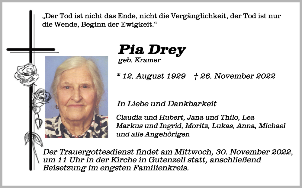  Traueranzeige für Pia Drey vom 29.11.2022 aus Schwäbische Zeitung