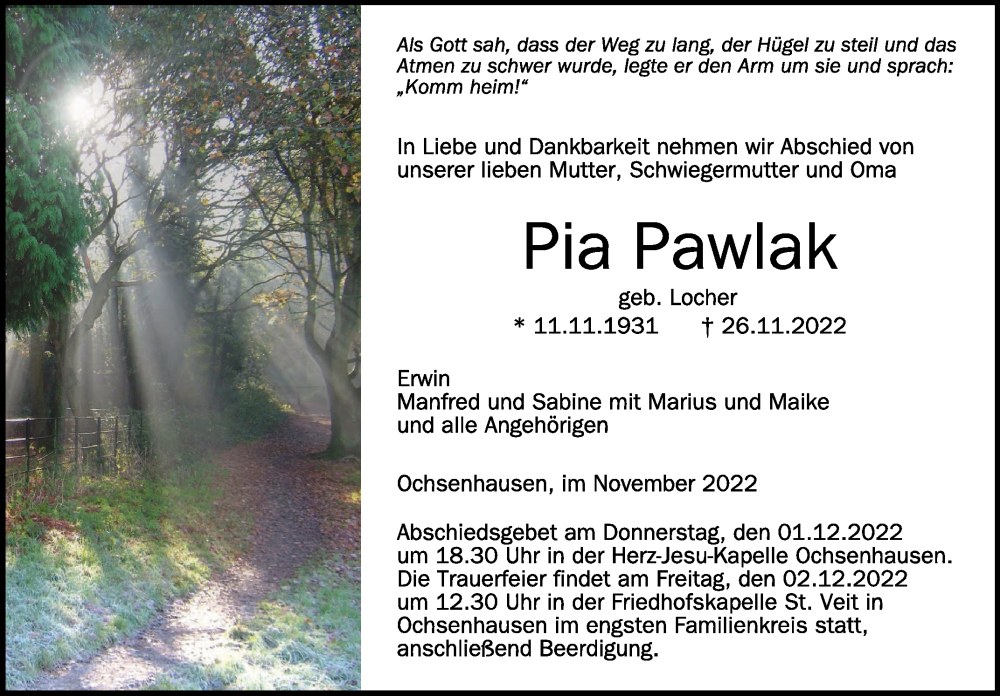  Traueranzeige für Pia Pawlak vom 30.11.2022 aus Schwäbische Zeitung
