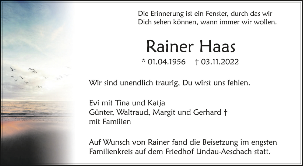  Traueranzeige für Rainer Haas vom 16.11.2022 aus Schwäbische Zeitung