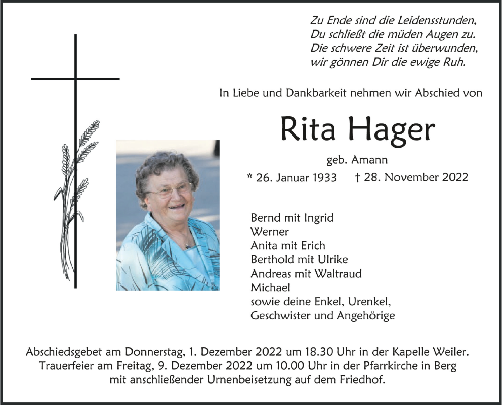 Traueranzeige für Rita Hager vom 30.11.2022 aus Schwäbische Zeitung