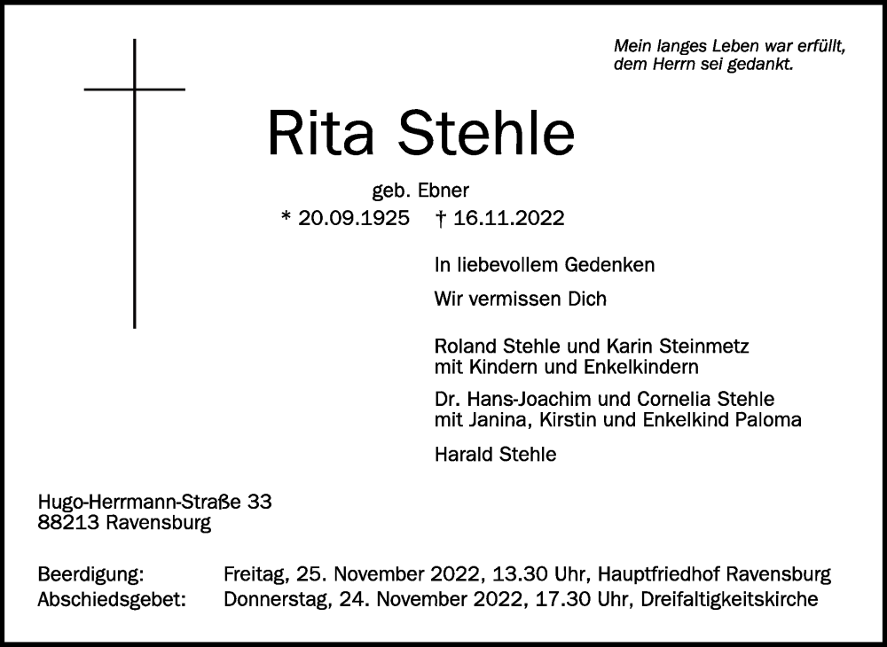  Traueranzeige für Rita Stehle vom 19.11.2022 aus Schwäbische Zeitung