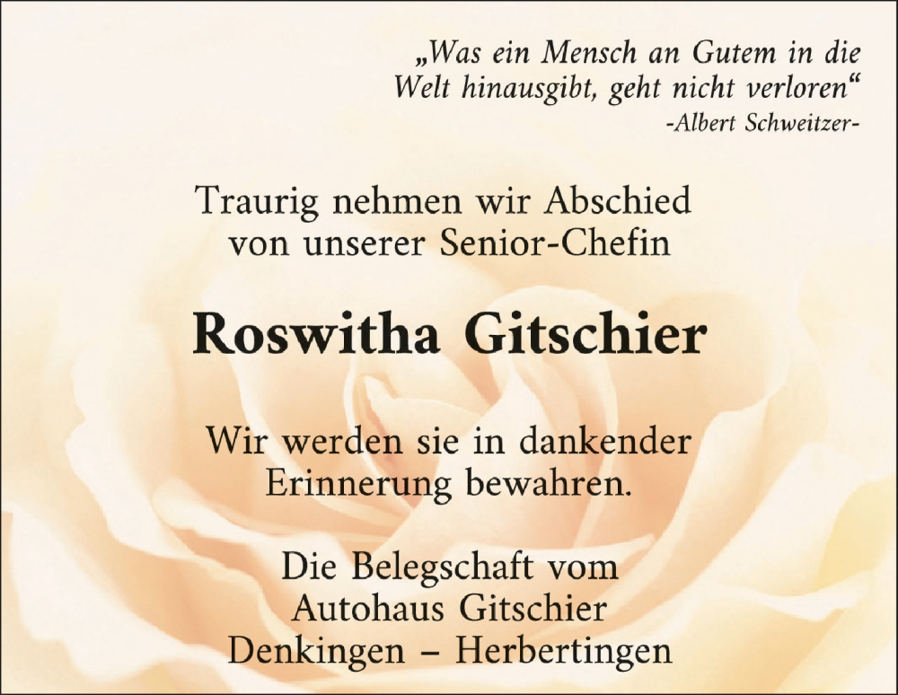  Traueranzeige für Roswitha Gitschier vom 24.11.2022 aus Schwäbische Zeitung