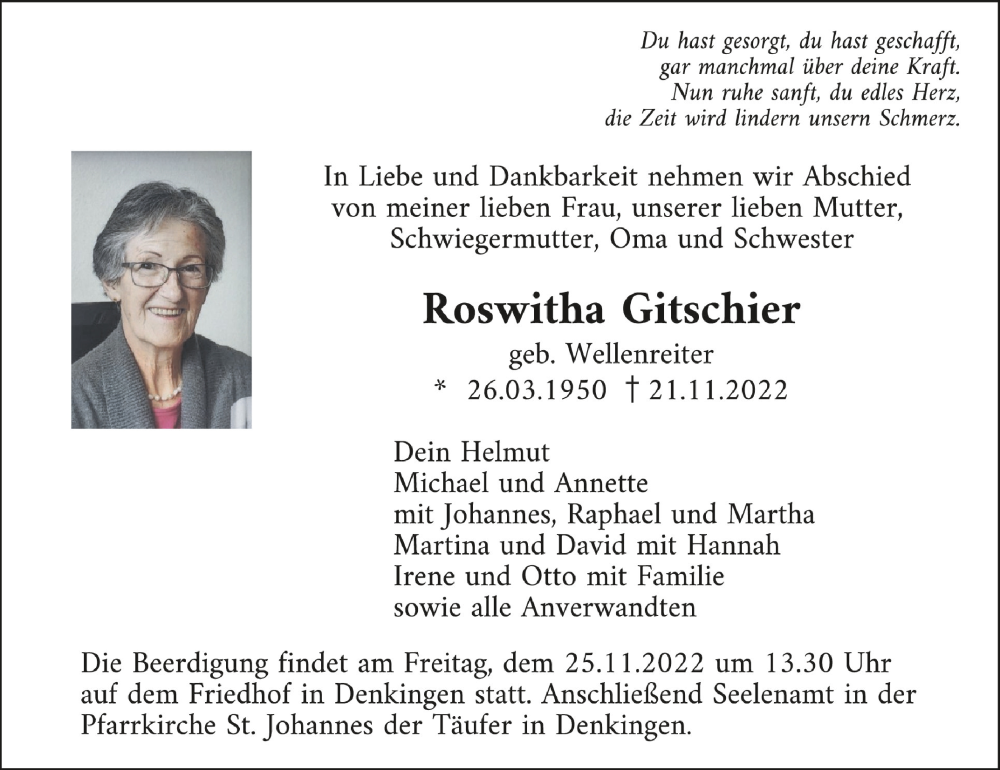  Traueranzeige für Roswitha Gitschier vom 24.11.2022 aus Schwäbische Zeitung