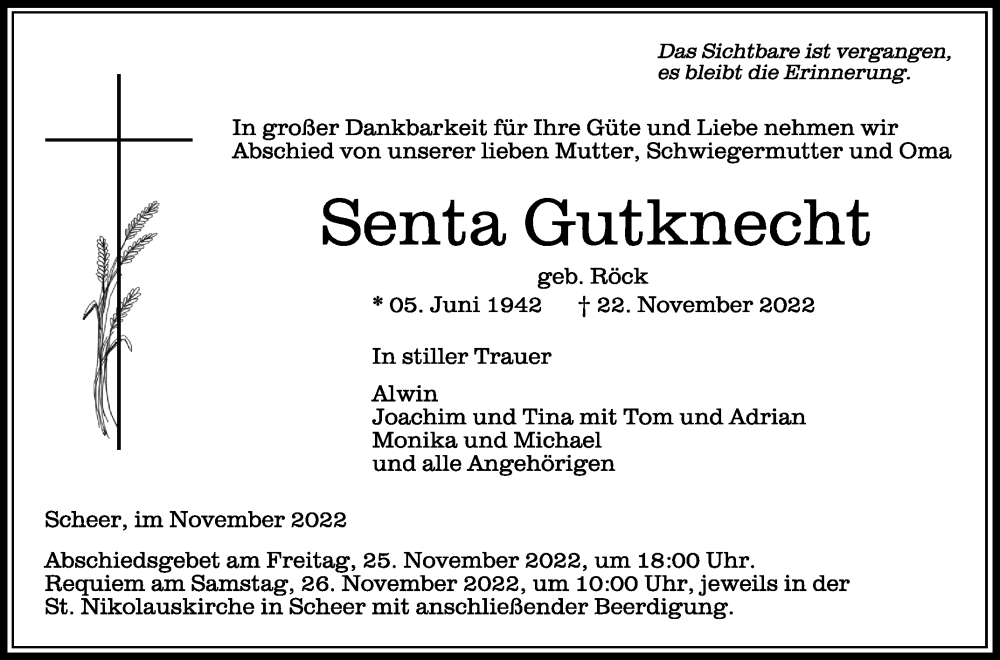  Traueranzeige für Senta Gutknecht vom 24.11.2022 aus Schwäbische Zeitung