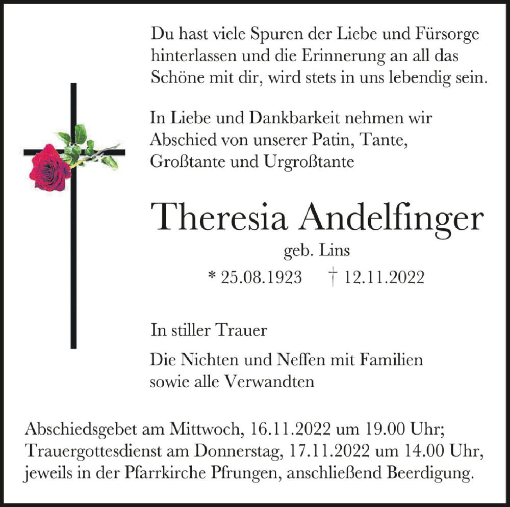  Traueranzeige für Theresia Andelfinger vom 15.11.2022 aus Schwäbische Zeitung